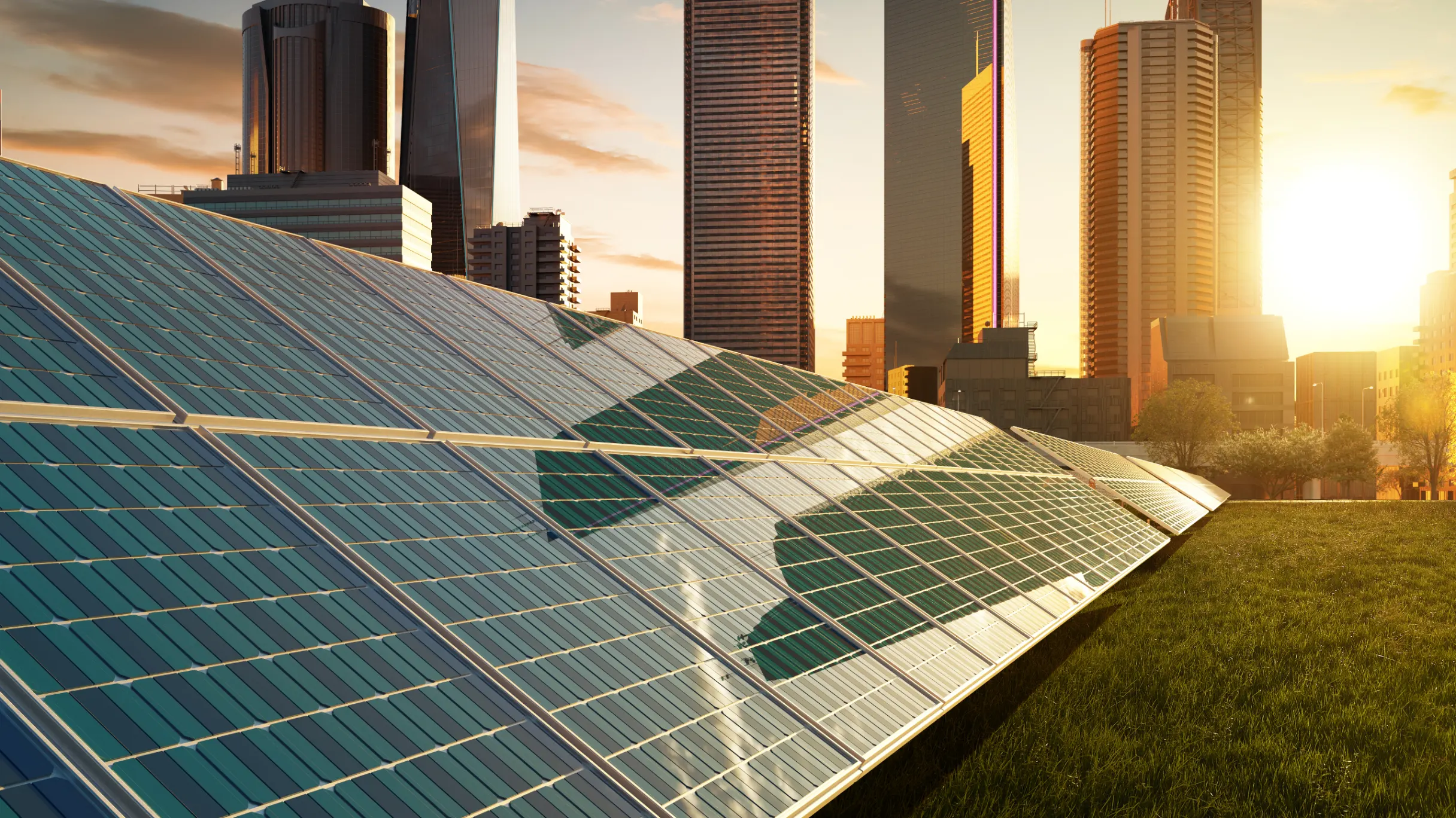 Solar panels installed within a modern city environment, supporting renewable energy generation alongside urban development.