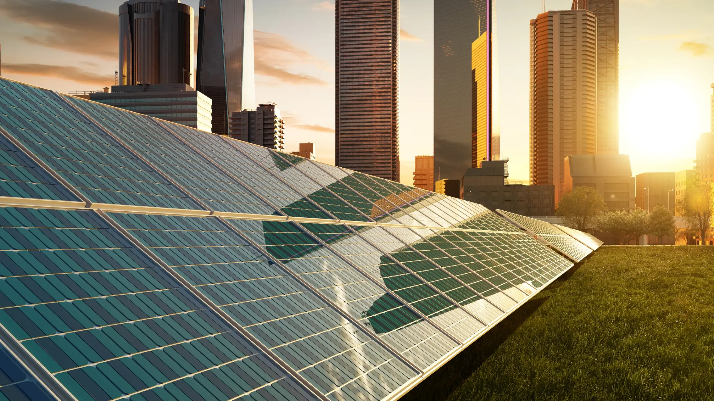 Solar panels installed within a modern city environment, supporting renewable energy generation alongside urban development. 
