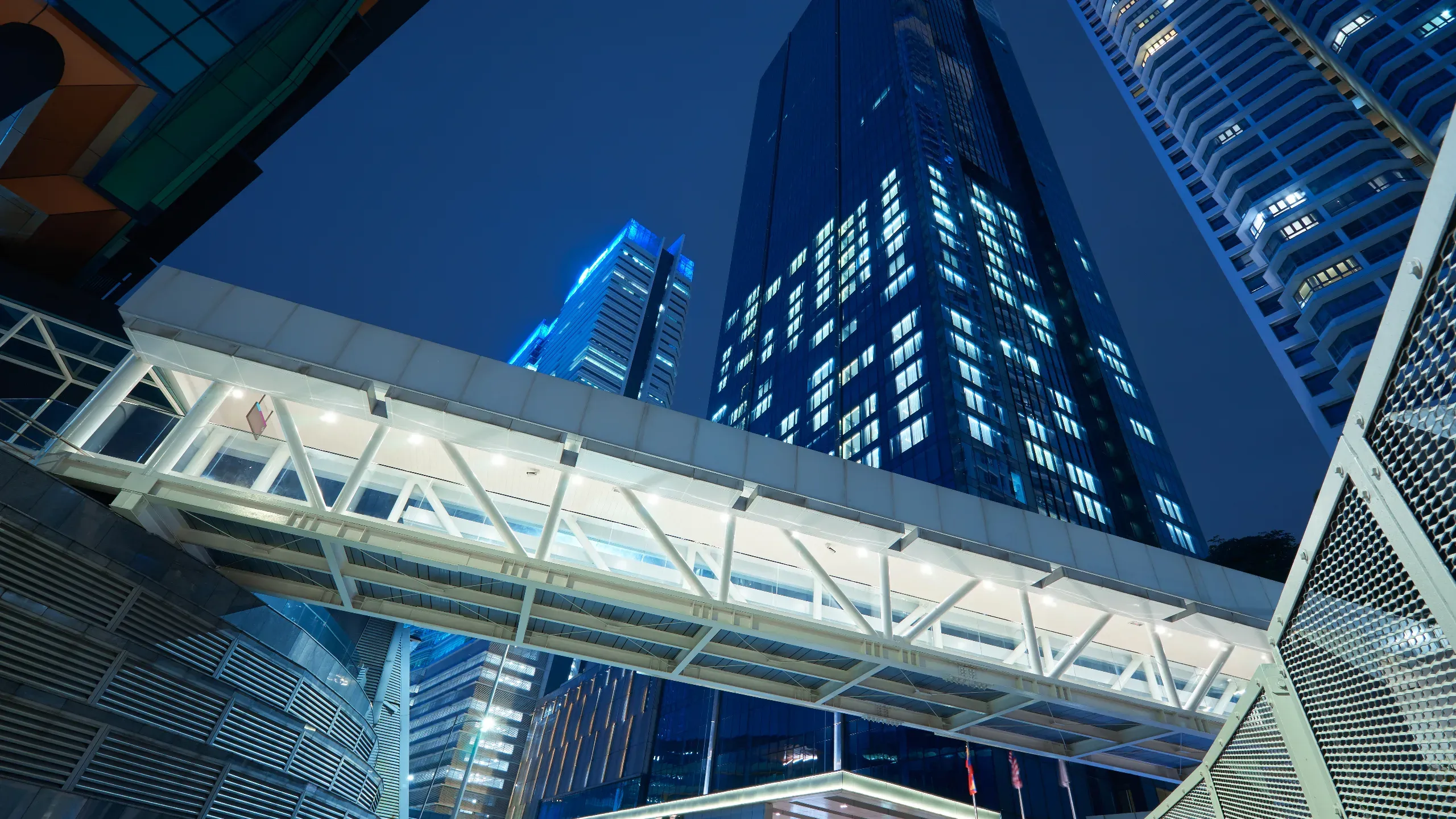 walkway bridge and skyscraper