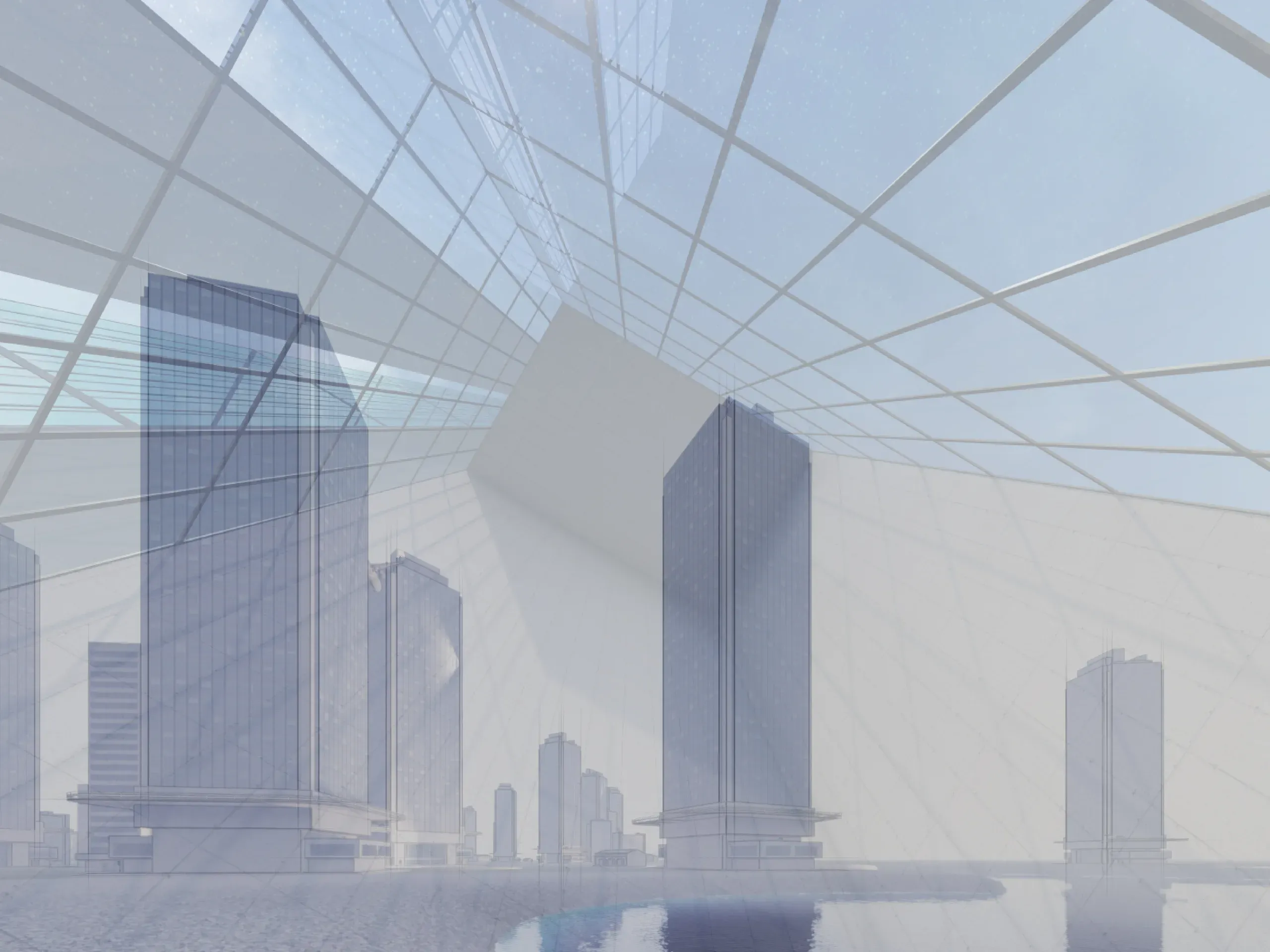3D rendering of a cityscape featuring modern buildings, urban infrastructure, and architectural visualisation. 
