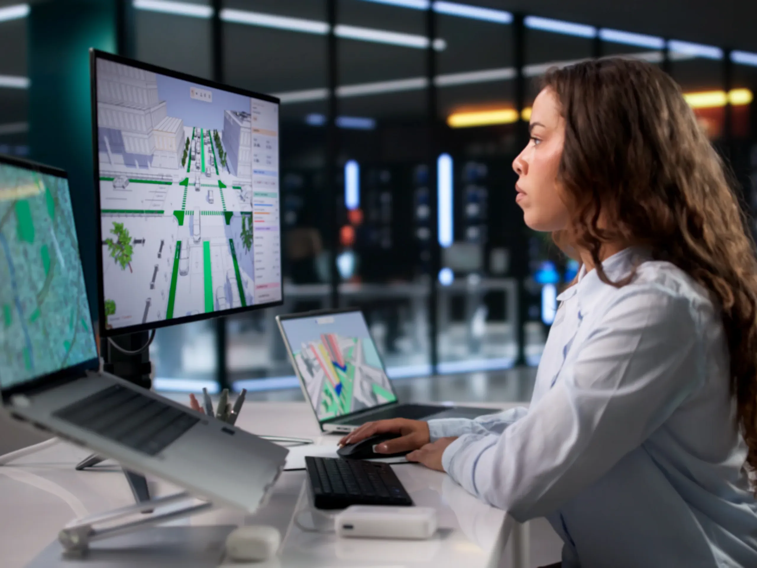 Engineer monitoring information displayed across multiple screens reviewing technical data and system performance