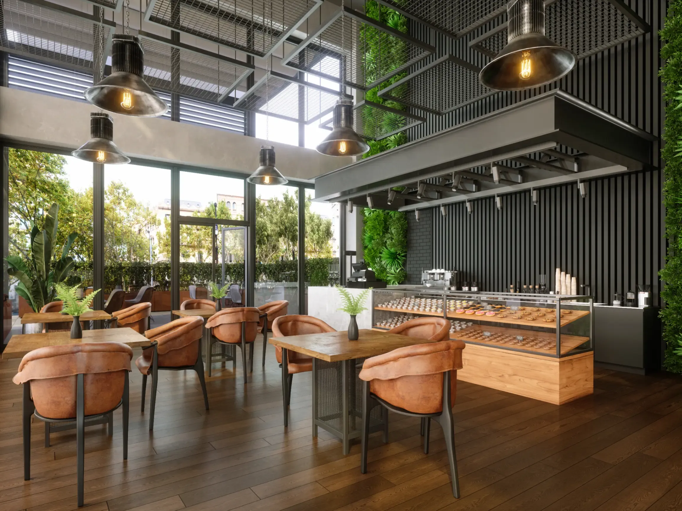 Modern coffee shop interior with contemporary furnishings, inviting seating areas, and stylish décor. 