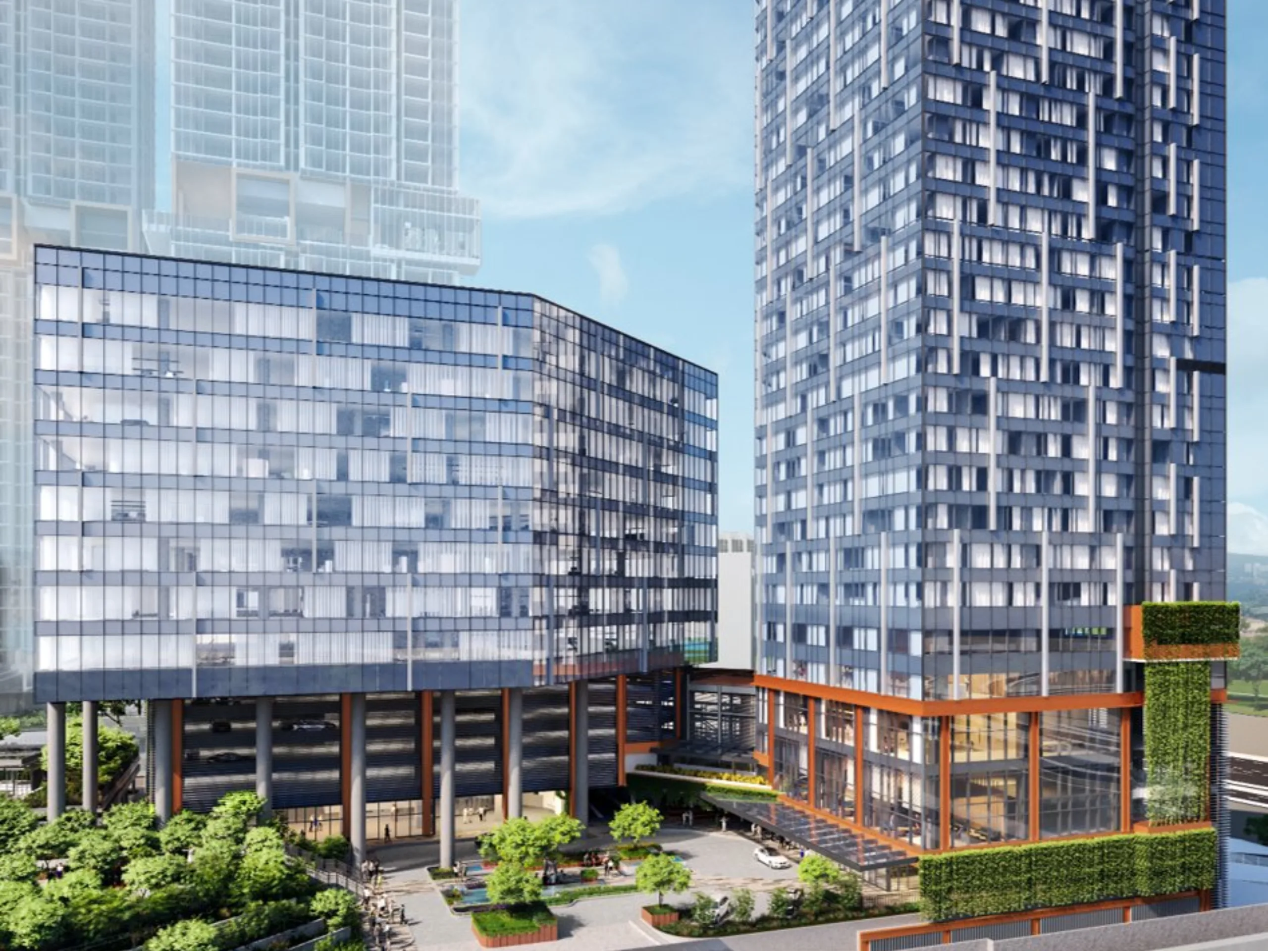 Modern commercial buildings with contemporary architecture, glass fa&ccedil;ades, and urban surroundings. 