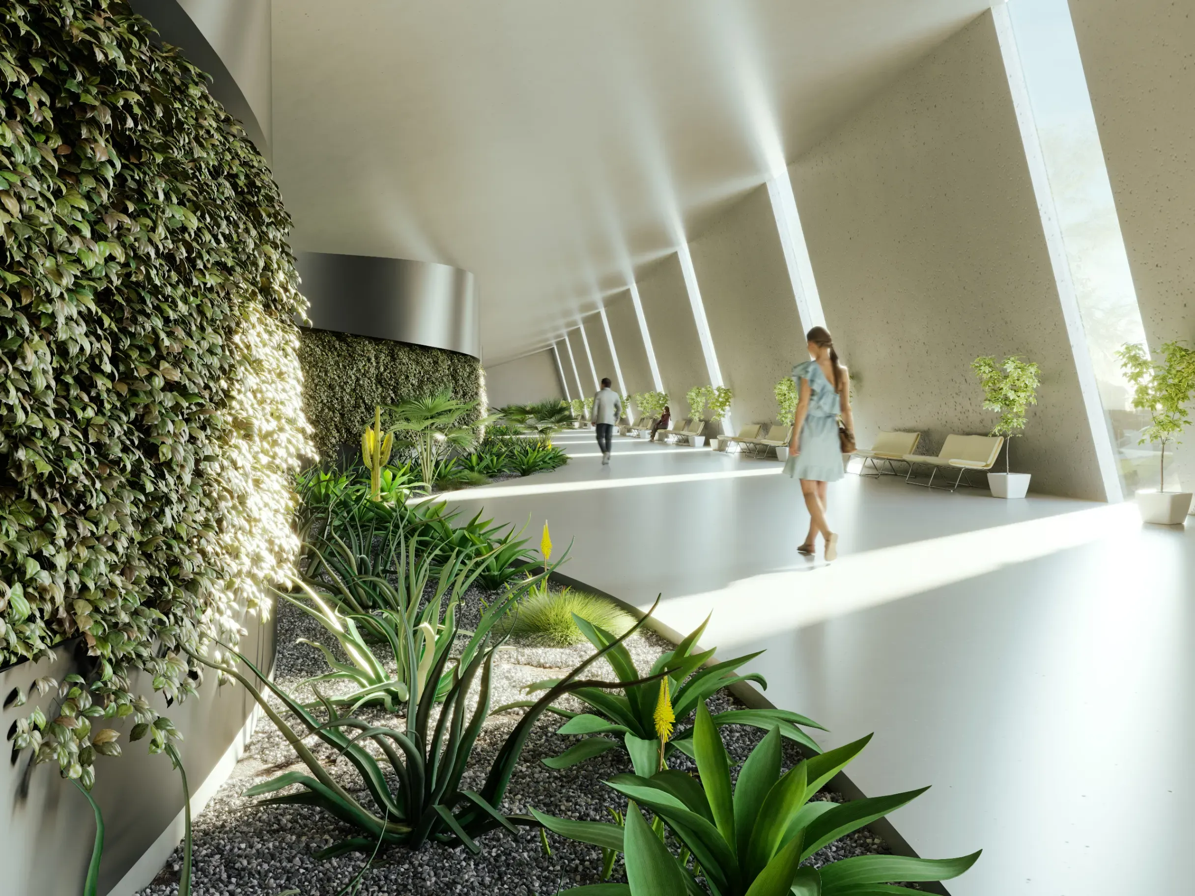 Modern office building featuring sustainable interior design, contemporary workspaces, and environmentally conscious design elements. 