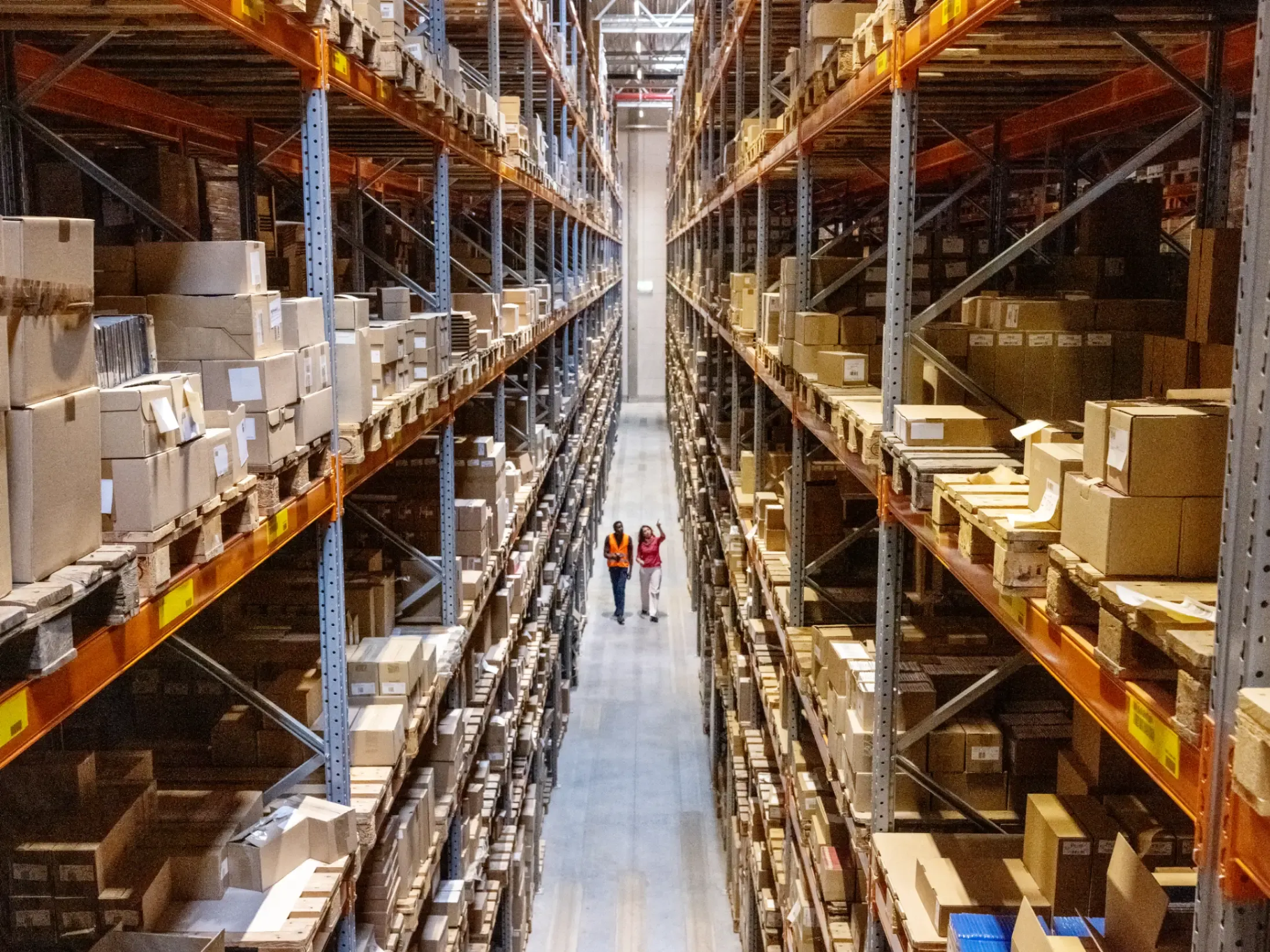 Warehouse manager walking with a colleague while checking stock levels on warehouse shelves. 