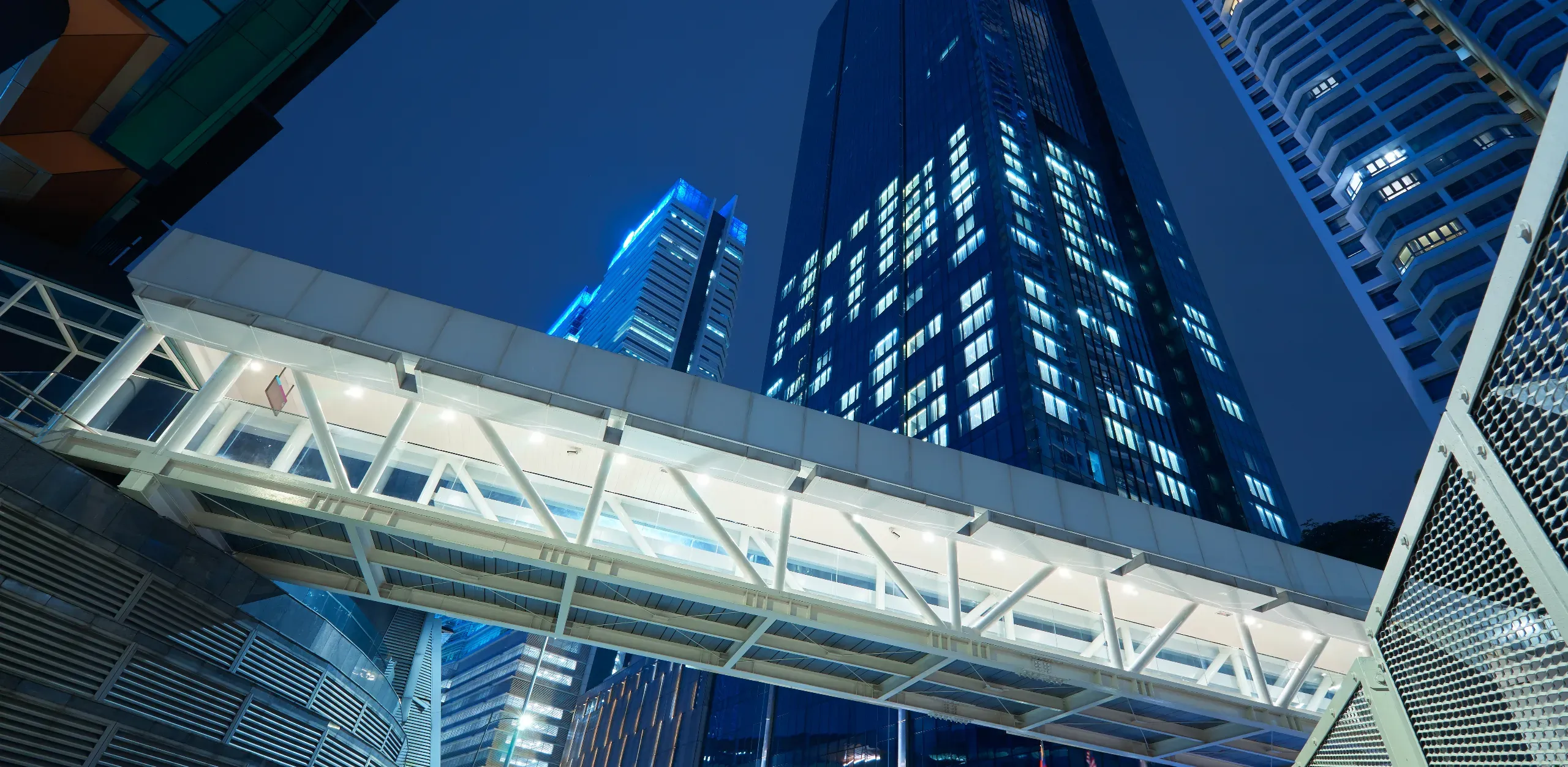 walkway bridge and skyscraper