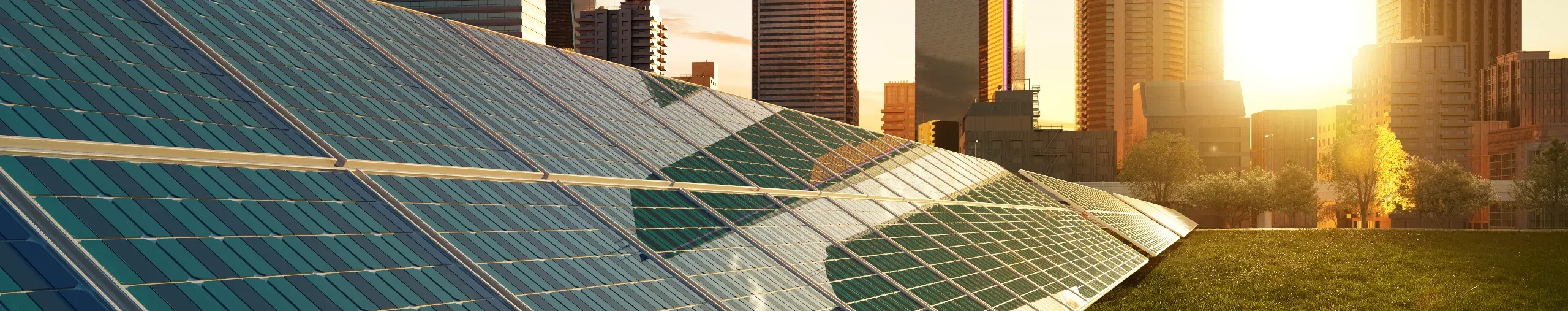 Solar panels installed within a modern city environment, supporting renewable energy generation alongside urban development. 
